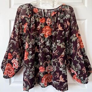 NY&CO Soho Floral Bird Print Chiffon Balloon Sleeve Blouse Large